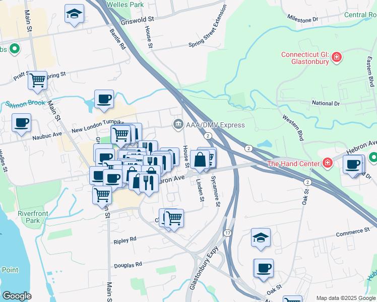 map of restaurants, bars, coffee shops, grocery stores, and more near 44 House Street in Glastonbury