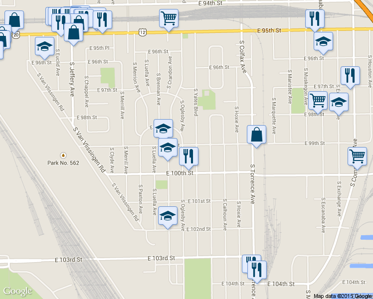 map of restaurants, bars, coffee shops, grocery stores, and more near 9907 South Oglesby Avenue in Chicago