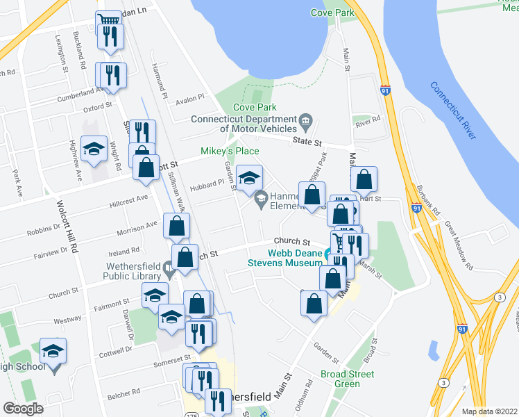 map of restaurants, bars, coffee shops, grocery stores, and more near 50 Francis Street in Wethersfield
