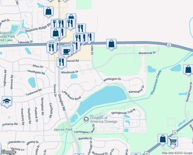 map of restaurants, bars, coffee shops, grocery stores, and more near 307 Westminster Court in North Aurora