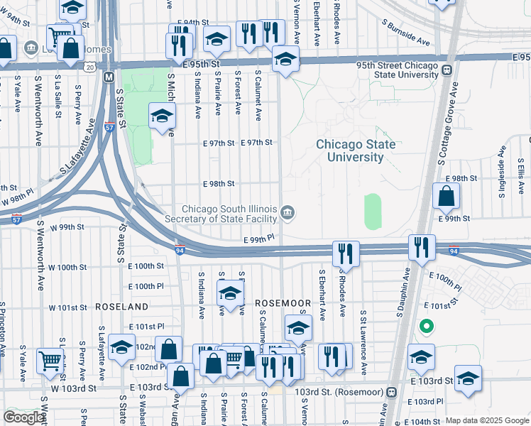 map of restaurants, bars, coffee shops, grocery stores, and more near 9847 South Calumet Avenue in Chicago