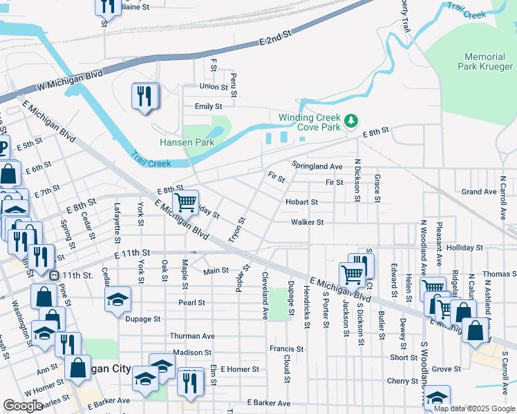 map of restaurants, bars, coffee shops, grocery stores, and more near 322 Walker Street in Michigan City