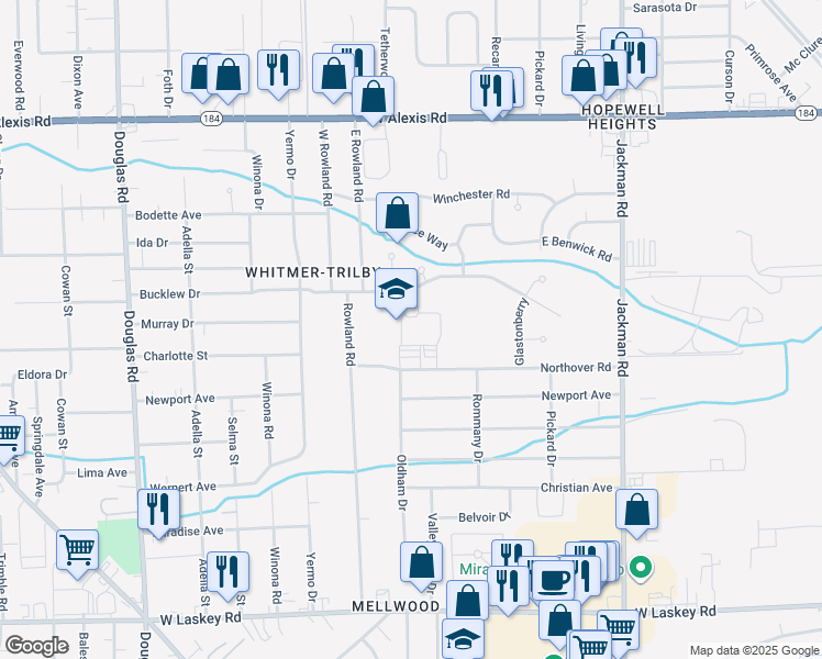 map of restaurants, bars, coffee shops, grocery stores, and more near 2010 Northover Road in Toledo
