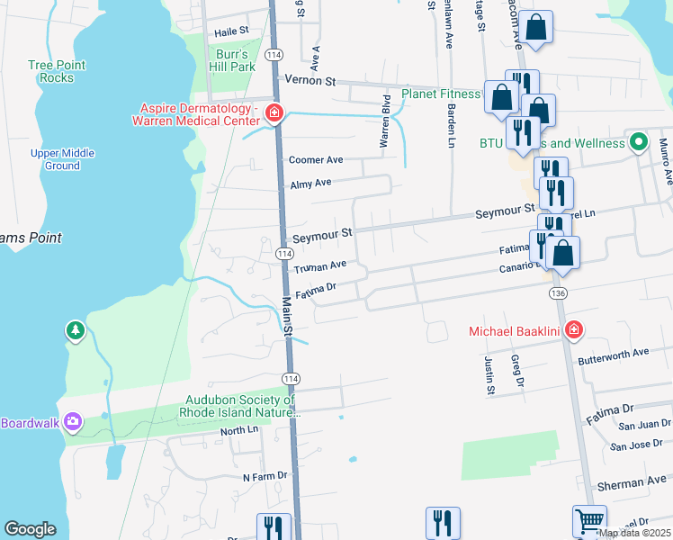 map of restaurants, bars, coffee shops, grocery stores, and more near 51 Truman Avenue in Warren