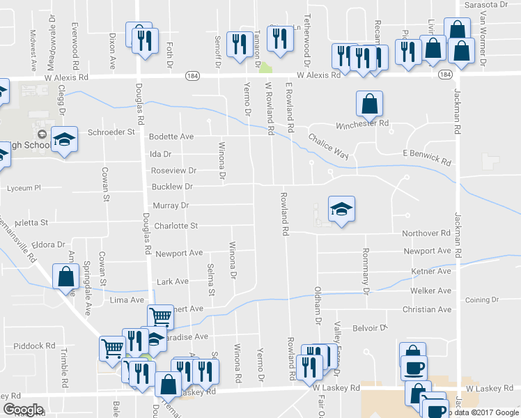 map of restaurants, bars, coffee shops, grocery stores, and more near 5442 Yermo Drive in Toledo