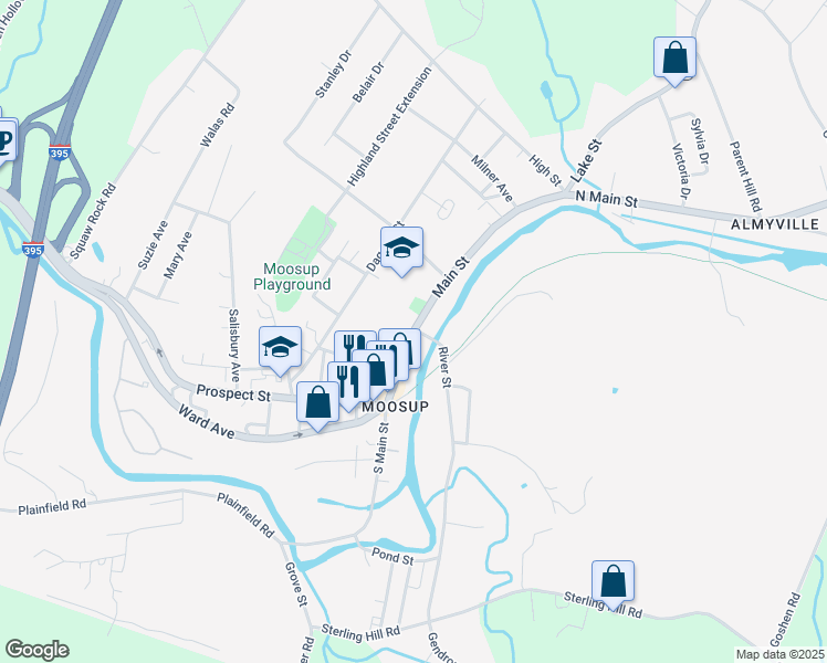 map of restaurants, bars, coffee shops, grocery stores, and more near Main Street in Plainfield