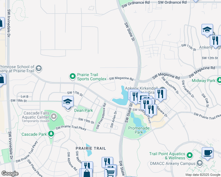 map of restaurants, bars, coffee shops, grocery stores, and more near 1850 Southwest Vera Cruz Lane in Ankeny