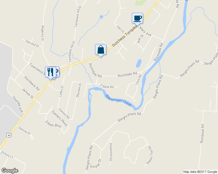 map of restaurants, bars, coffee shops, grocery stores, and more near 25 East Bank Road in Poughkeepsie