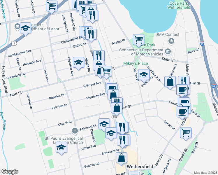 map of restaurants, bars, coffee shops, grocery stores, and more near 416 Silas Deane Highway in Wethersfield