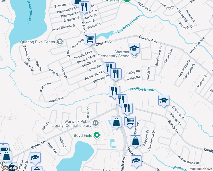 map of restaurants, bars, coffee shops, grocery stores, and more near 2 Lazywood Lane in Warwick