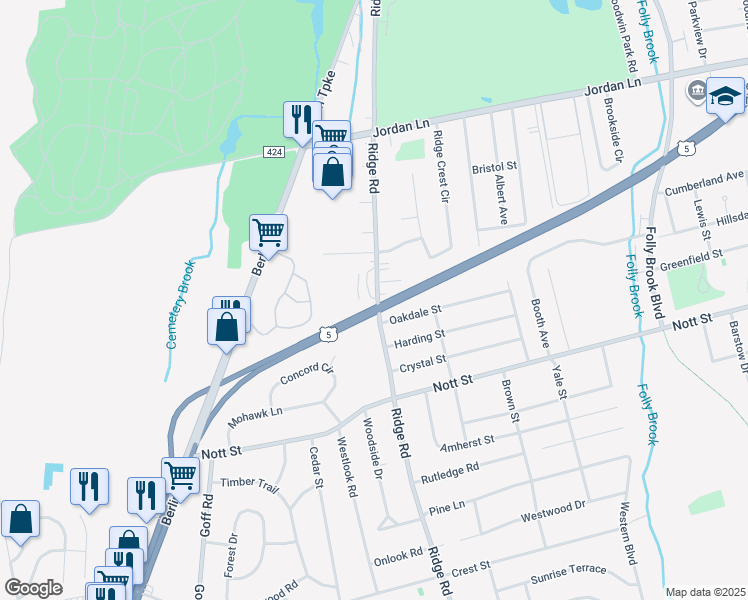 map of restaurants, bars, coffee shops, grocery stores, and more near 289 Ridge Road in Wethersfield