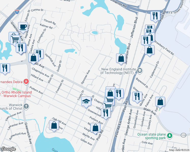 map of restaurants, bars, coffee shops, grocery stores, and more near 46 Echo Drive in Warwick