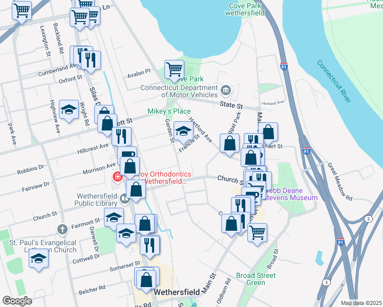 map of restaurants, bars, coffee shops, grocery stores, and more near 50 Francis Street in Wethersfield