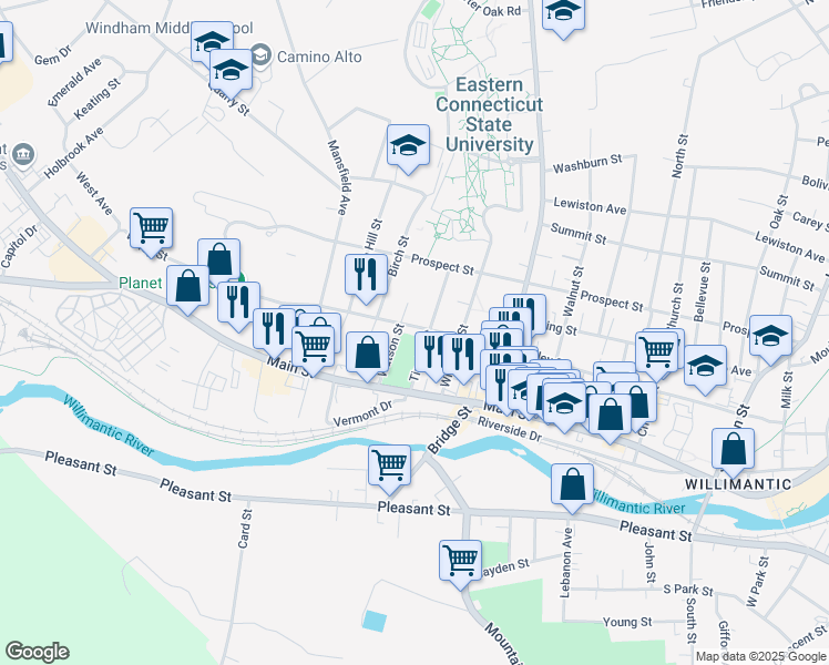 map of restaurants, bars, coffee shops, grocery stores, and more near 328 Valley Street in Windham