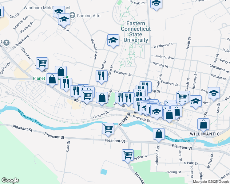 map of restaurants, bars, coffee shops, grocery stores, and more near 330 Valley Street in Windham