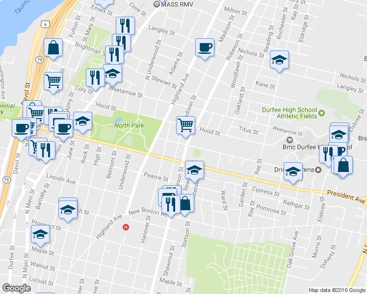 map of restaurants, bars, coffee shops, grocery stores, and more near 1110 Robeson St in Fall River