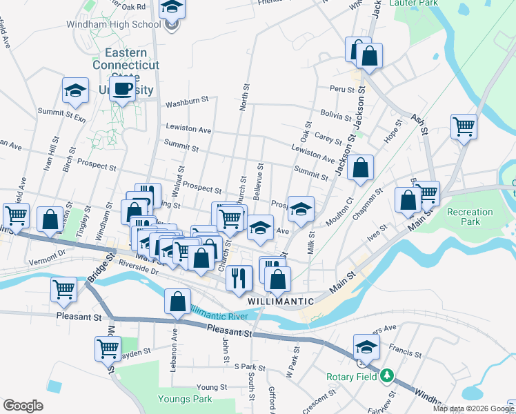 map of restaurants, bars, coffee shops, grocery stores, and more near 26 Bellevue Street in Windham