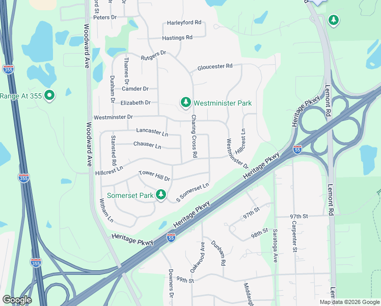 map of restaurants, bars, coffee shops, grocery stores, and more near 9060 Charing Cross Road in Woodridge