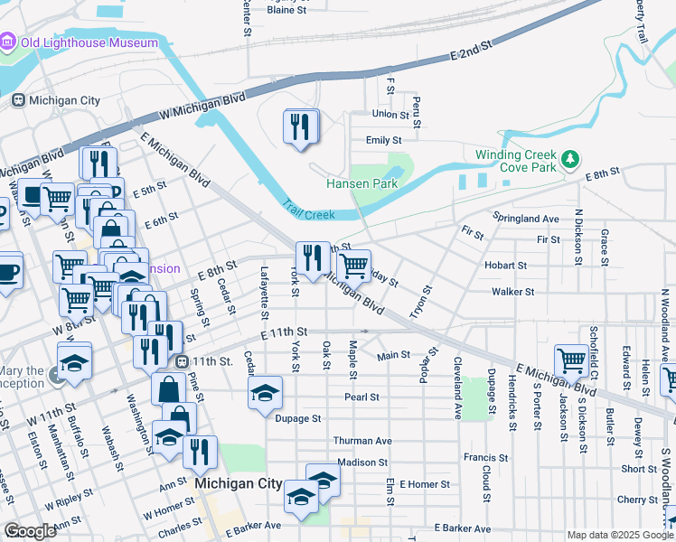 map of restaurants, bars, coffee shops, grocery stores, and more near 826 East Michigan Boulevard in Michigan City