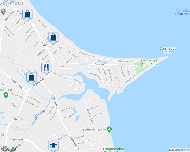 map of restaurants, bars, coffee shops, grocery stores, and more near 118 Old Mill Boulevard in Warwick