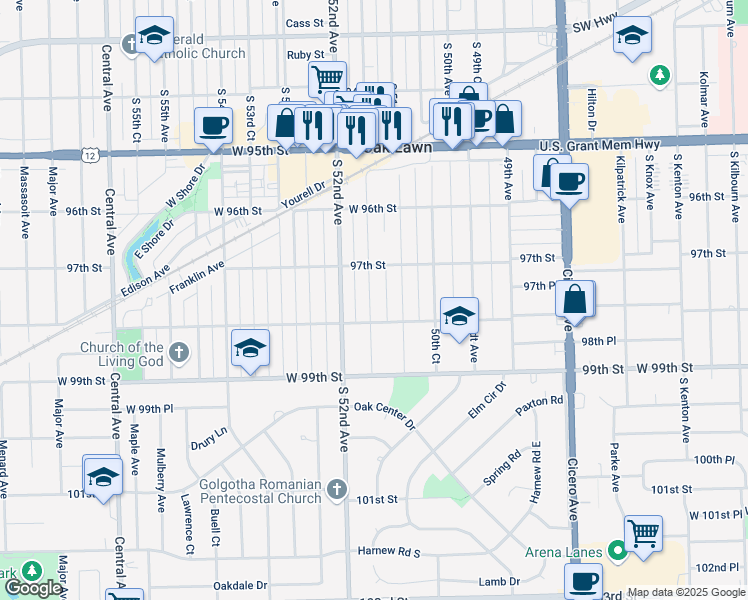 map of restaurants, bars, coffee shops, grocery stores, and more near 9737 Tulley Avenue in Oak Lawn