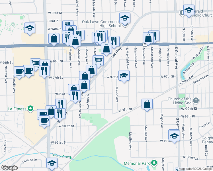 map of restaurants, bars, coffee shops, grocery stores, and more near 9721 McVicker Avenue in Oak Lawn