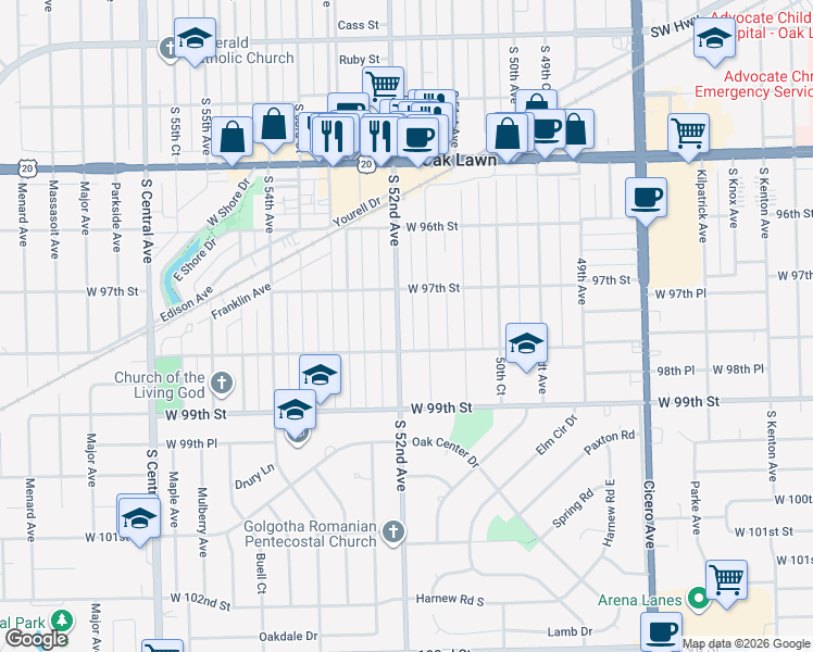 map of restaurants, bars, coffee shops, grocery stores, and more near 9729 South 52nd Avenue in Oak Lawn