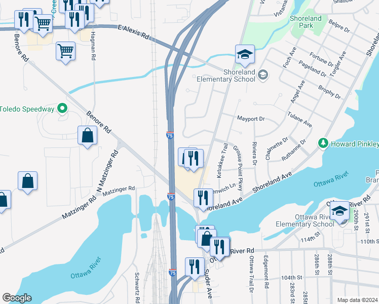 map of restaurants, bars, coffee shops, grocery stores, and more near 1841 South Ottawa Cove Drive in Toledo