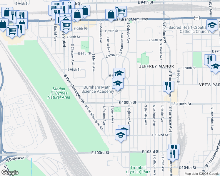 map of restaurants, bars, coffee shops, grocery stores, and more near 9900 South Luella Avenue in Chicago
