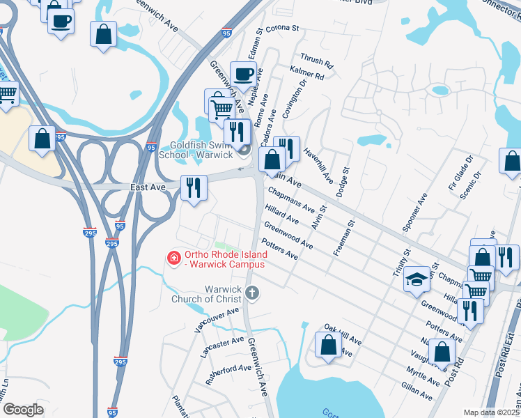 map of restaurants, bars, coffee shops, grocery stores, and more near 833-841 Greenwich Avenue in Warwick