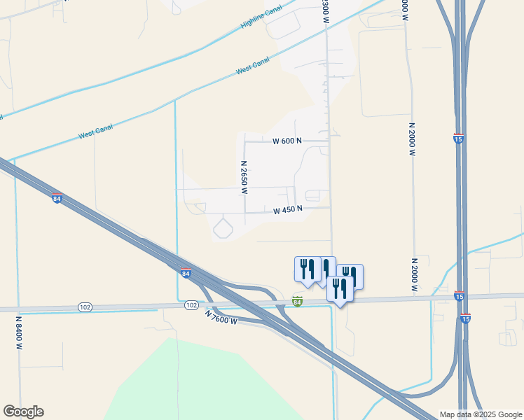 map of restaurants, bars, coffee shops, grocery stores, and more near 2584 West 450 North in Tremonton