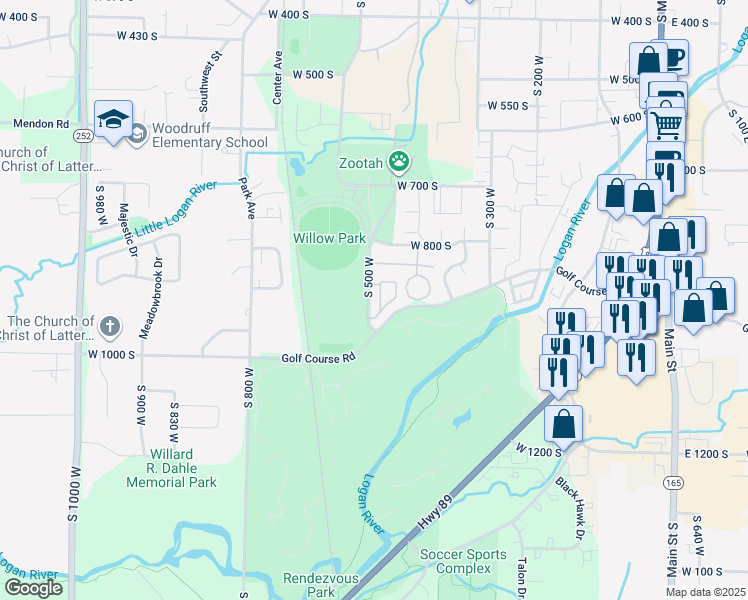 map of restaurants, bars, coffee shops, grocery stores, and more near 5 Fairway Lane in Logan