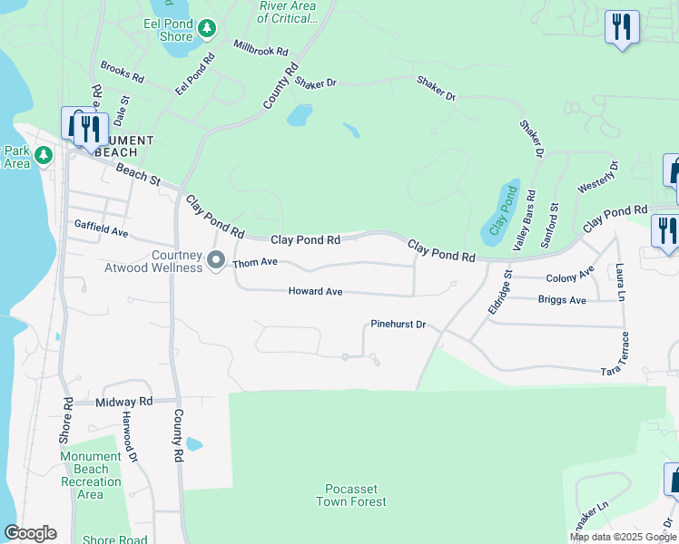 map of restaurants, bars, coffee shops, grocery stores, and more near 42 Thom Avenue in Bourne