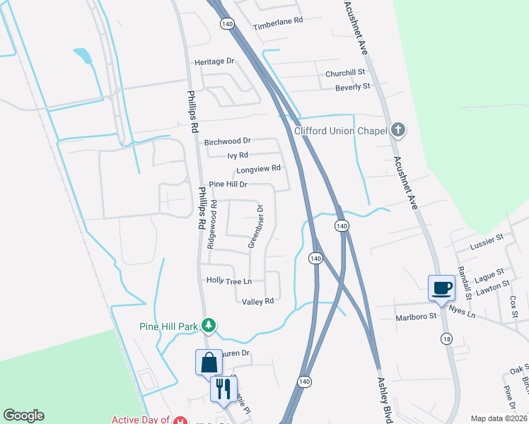 map of restaurants, bars, coffee shops, grocery stores, and more near 110 Greenbrier Drive in New Bedford