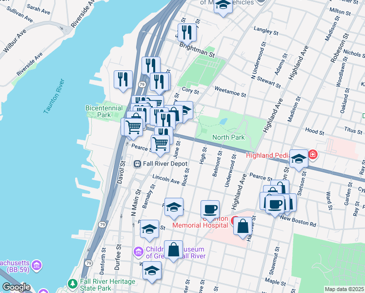 map of restaurants, bars, coffee shops, grocery stores, and more near 996 Rock Street in Fall River
