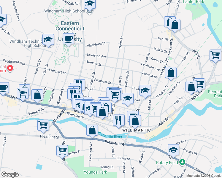 map of restaurants, bars, coffee shops, grocery stores, and more near 119 North Street in Windham