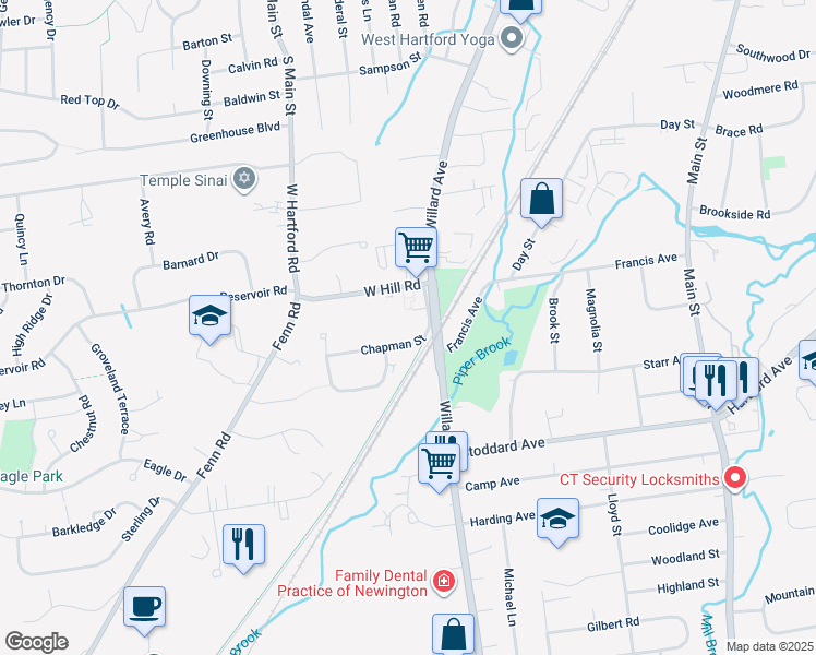 map of restaurants, bars, coffee shops, grocery stores, and more near 14 Chapman Street in Newington