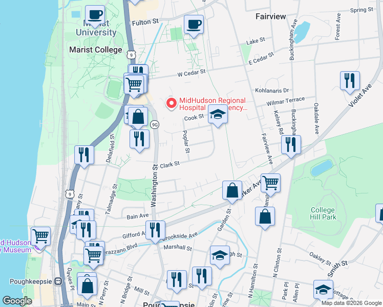 map of restaurants, bars, coffee shops, grocery stores, and more near 41 Clark Street in Poughkeepsie