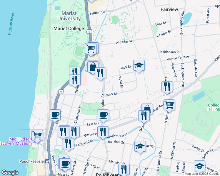 map of restaurants, bars, coffee shops, grocery stores, and more near 195 Washington Street in Poughkeepsie