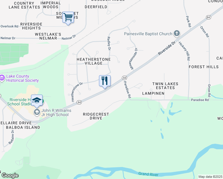 map of restaurants, bars, coffee shops, grocery stores, and more near 970 Riverside Drive in Painesville