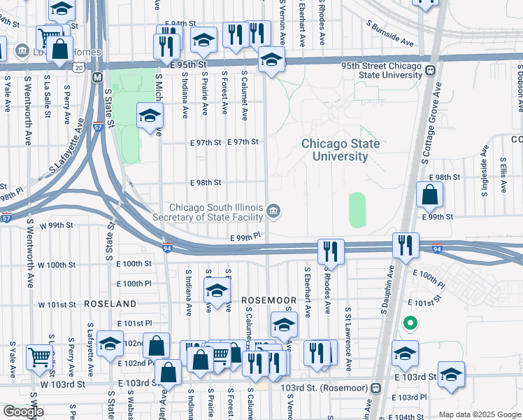 map of restaurants, bars, coffee shops, grocery stores, and more near 9847 South Calumet Avenue in Chicago
