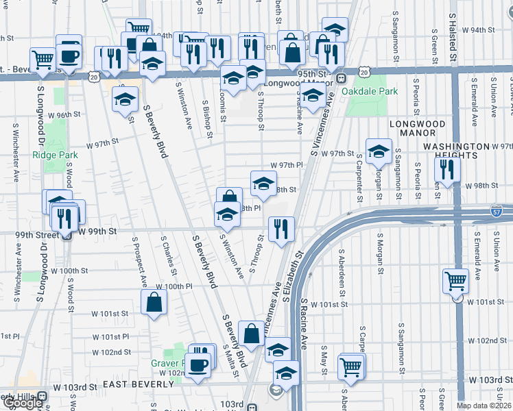 map of restaurants, bars, coffee shops, grocery stores, and more near 1304 West 98th Place in Chicago