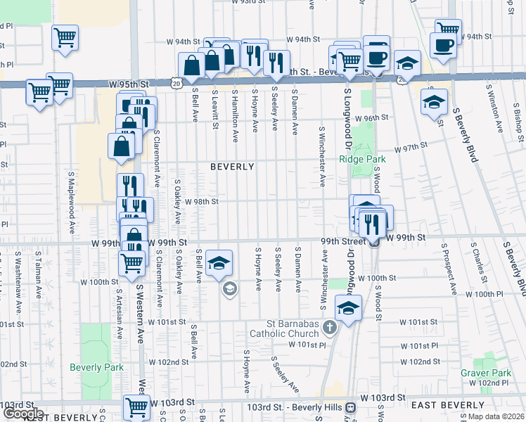 map of restaurants, bars, coffee shops, grocery stores, and more near 9814 South Hoyne Avenue in Chicago