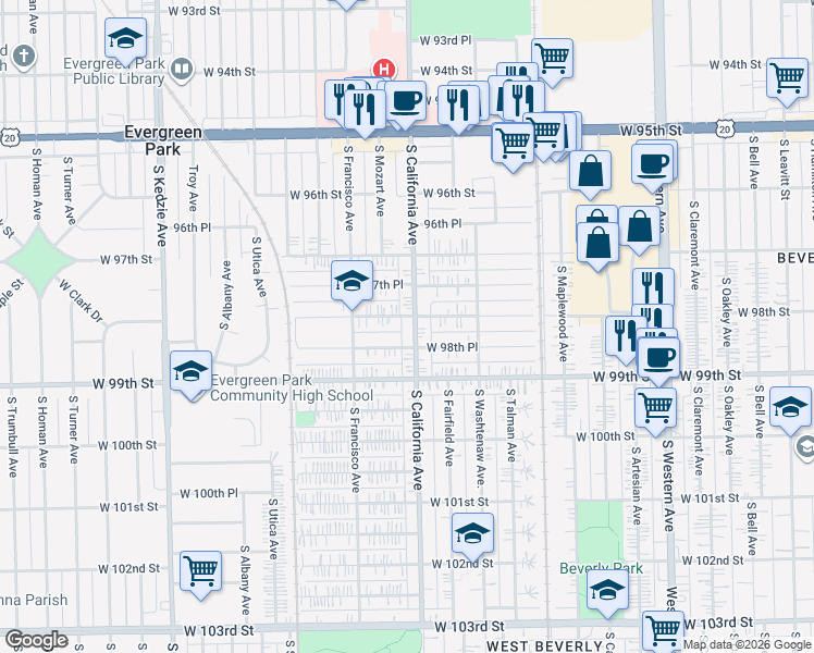 map of restaurants, bars, coffee shops, grocery stores, and more near 9809 South California Avenue in Evergreen Park