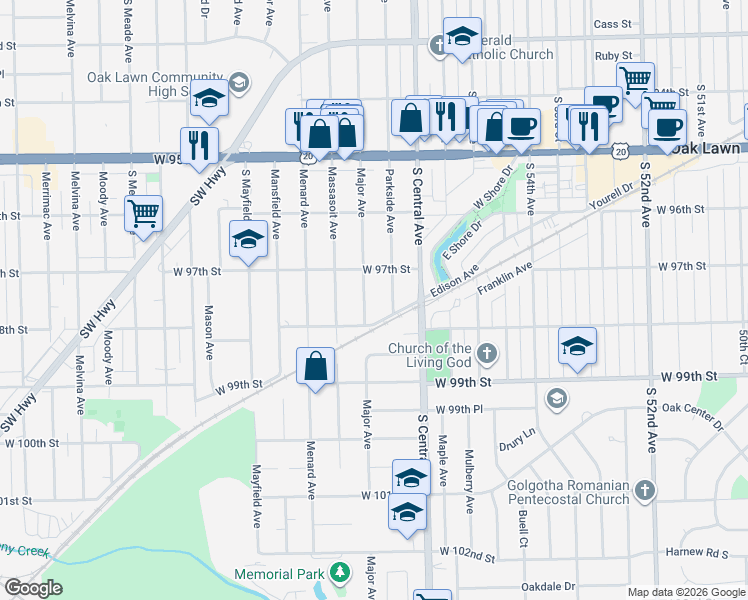 map of restaurants, bars, coffee shops, grocery stores, and more near 9727 Major Avenue in Oak Lawn