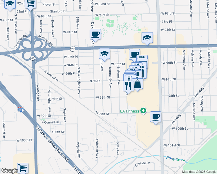 map of restaurants, bars, coffee shops, grocery stores, and more near 9716 Normandy Avenue in Oak Lawn