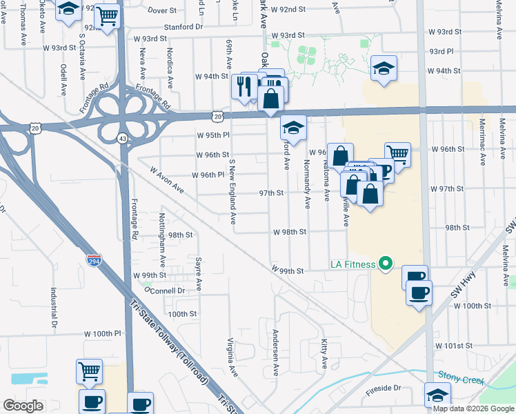 map of restaurants, bars, coffee shops, grocery stores, and more near 6818 97th Place in Chicago Ridge