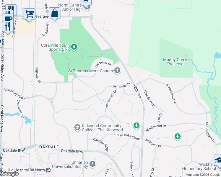 map of restaurants, bars, coffee shops, grocery stores, and more near 2004 Dempster Drive in Coralville