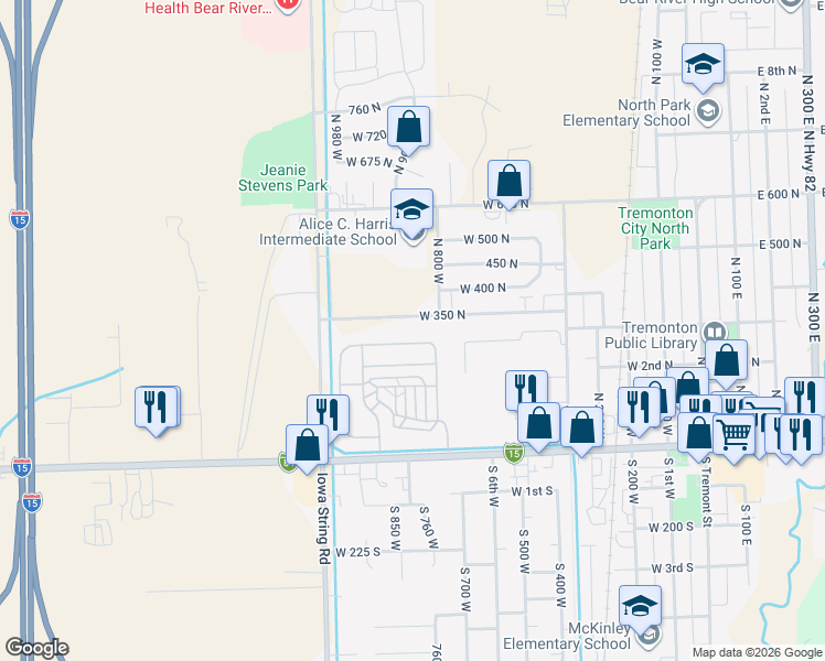 map of restaurants, bars, coffee shops, grocery stores, and more near 889 W 350 N in Tremonton