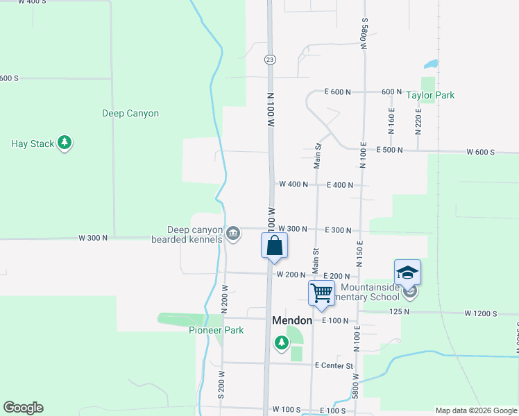 map of restaurants, bars, coffee shops, grocery stores, and more near 343 North 100 West in Mendon